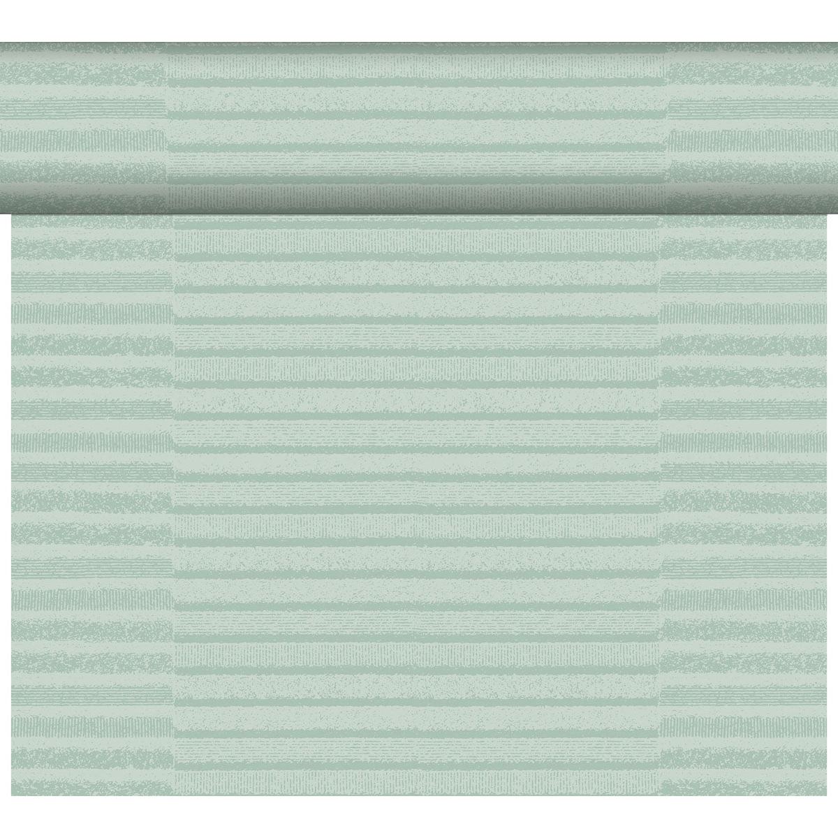 The DC-Tete a Tete 0.4x24m Tessuto mint table runner from Duni GmbH has a mint green color with horizontal stripes in various textures and shades, inspired by high-quality fabric for a subtle, layered effect. The package contains 1 piece.