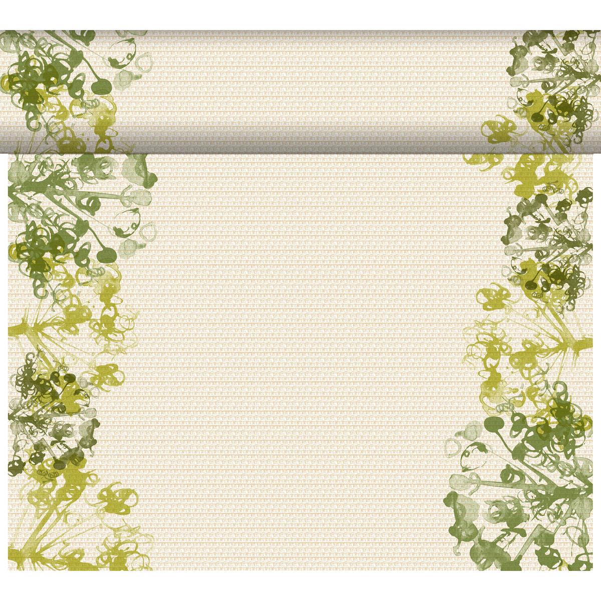 A cream-colored, rectangular cloth with a subtle texture and abstract green-yellow floral borders, inspired by the eco-friendly style of the DC-Tete a Tete 0.4x24m, green-high-quality umbrellas for events by Duni GmbH. The top edge is rolled.