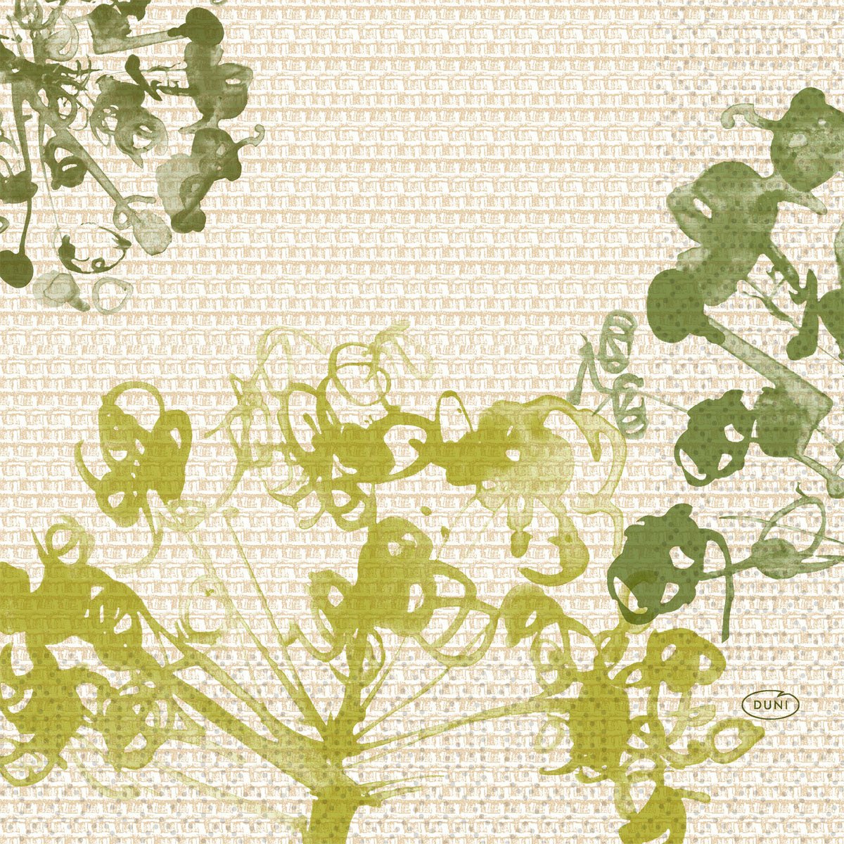 Abstract green and olive green plant-like shapes overlap on a textured beige background with a small "Duni" label, reminiscent of the botanical, graphic look of the Duni GmbH paper napkins 33x33 cm, 3-ply, green, pack of 50 napkins.