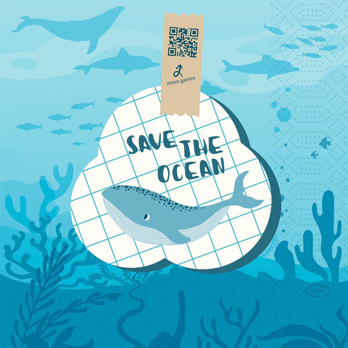 An illustrated blue ocean scene with fish, a whale, and plants adorns the 3-ply tissue napkins "Save the Ocean" (33x33 cm, pack of 50) by Duni GmbH, which are equipped with a QR code tab labeled "more games" and are made from recycled paper.