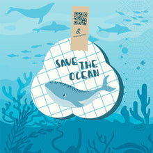 An illustrated blue ocean scene with fish, a whale, and plants adorns the 3-ply tissue napkins "Save the Ocean" (33x33 cm, pack of 50) by Duni GmbH, which are equipped with a QR code tab labeled "more games" and are made from recycled paper.