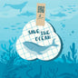 An illustrated blue ocean scene with fish, a whale, and plants adorns the 3-ply tissue napkins "Save the Ocean" (33x33 cm, pack of 50) by Duni GmbH, which are equipped with a QR code tab labeled "more games" and are made from recycled paper.