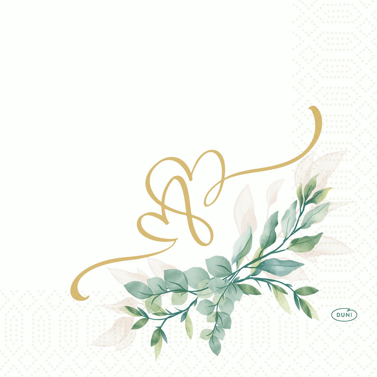 A golden calligraphic heart over green watercolor leaves adorns the lower right side of these Duni GmbH Love Hearts cellulose napkins 33x33 cm, 3-ply (pack of 50), with a subtly dotted white background and the Duni logo in the corner.