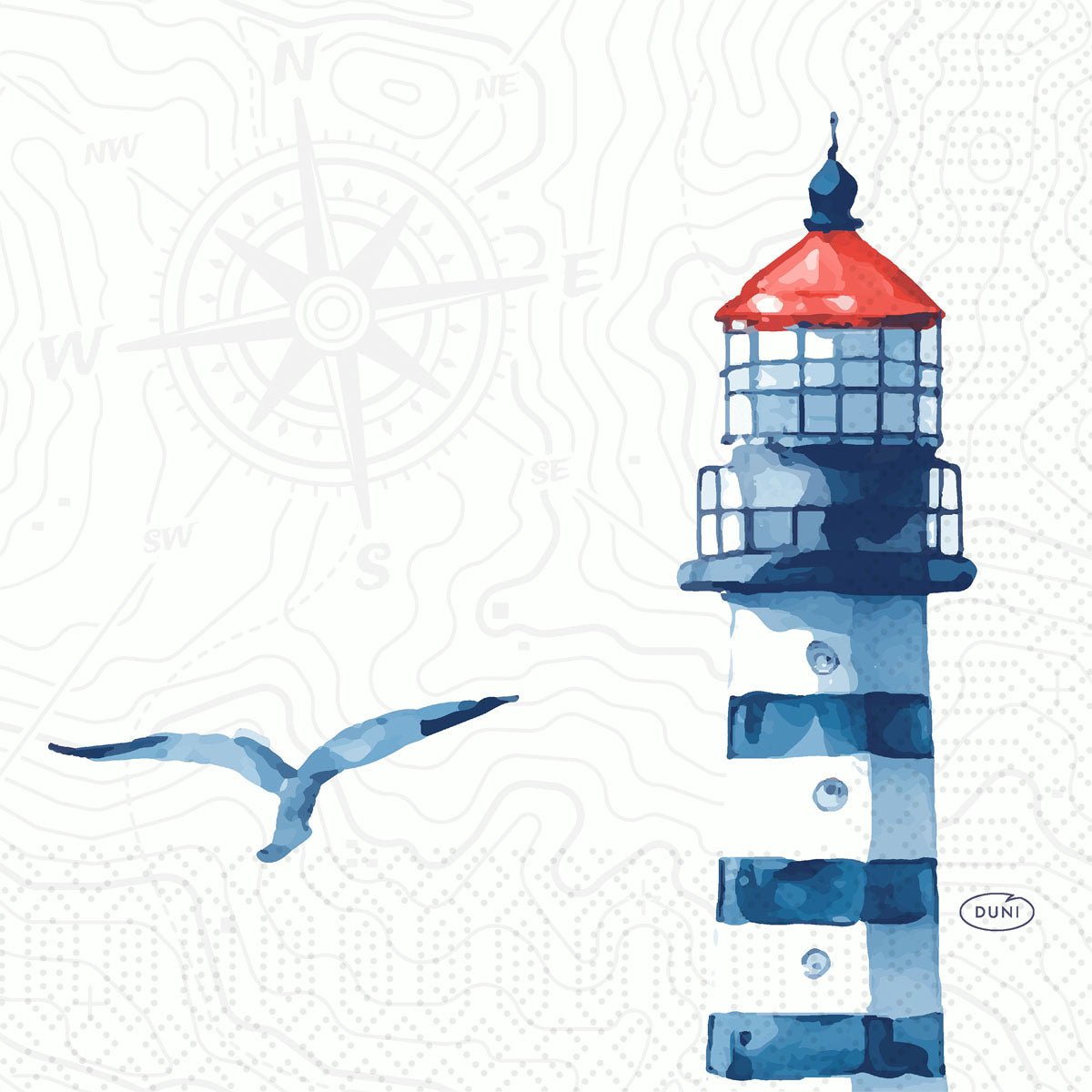 A watercolor-striped lighthouse with a red roof and a flying bird adorns the Zellt.-Serv. 33 3lg 1/4 Meer Freude napkins (Duni GmbH, 250 pieces) with a wind rose and map lines - ideal for a maritime table decoration.
