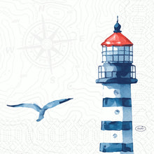 A watercolor-striped lighthouse with a red roof and a flying bird adorns the Zellt.-Serv. 33 3lg 1/4 Meer Freude napkins (Duni GmbH, 250 pieces) with a wind rose and map lines - ideal for a maritime table decoration.