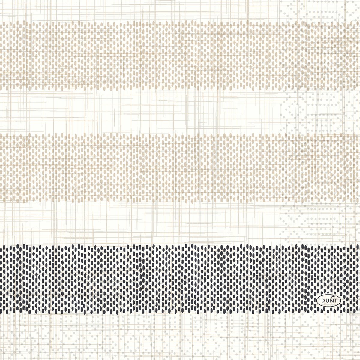 A grid of small dots forms three horizontal stripes - two in light beige, one in dark gray - on these high-quality cell. napkins 33 3-ply 1/4 Rigato, black napkins from Duni GmbH (250 pack). The DUNI logo is located at the bottom right.