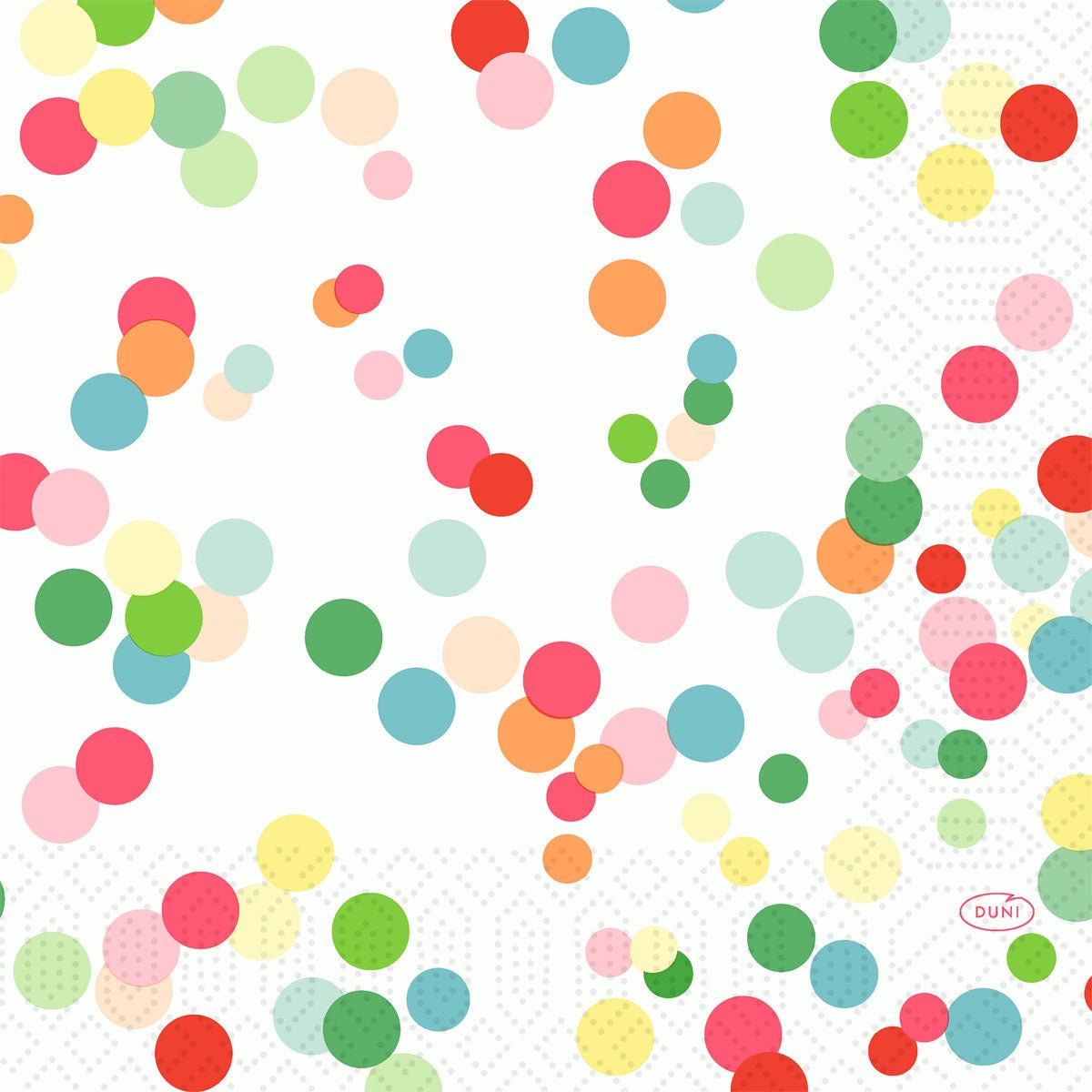 Playful pastel and colorful circles on a white background, accented by faint dotted lines and a red "Duni" oval - ideal for Cell. Napkins 33 3-ply 1/4 - Happy Bubbles | Package (250 napkins) by Duni GmbH.