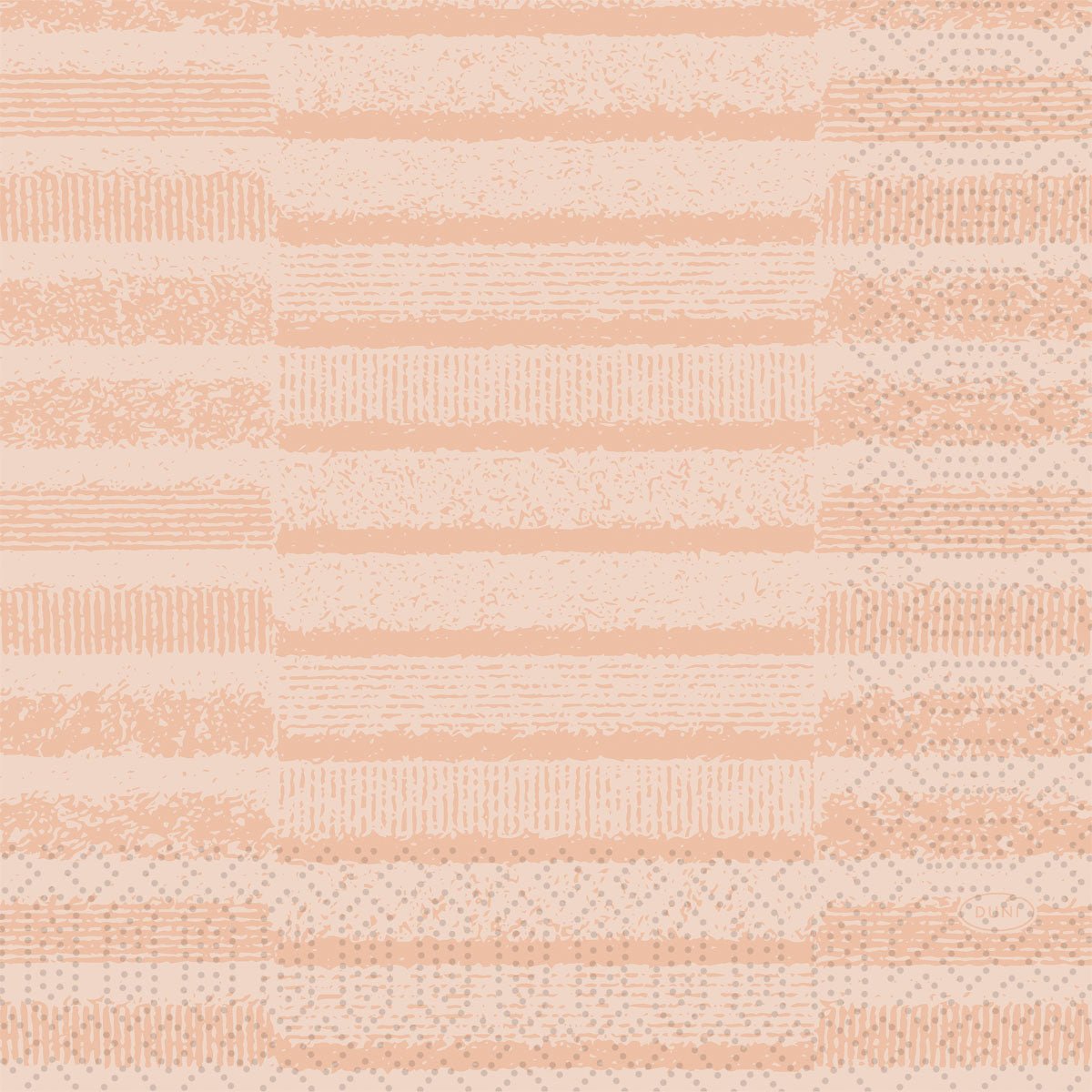 The Zellt.-Serv.33 3lg 1/4 Tessuto dust rose from Duni GmbH features a geometric pattern of textured lines, dots, and shapes in light peach on beige - perfect for elegant table settings. Pack of 250 high-quality napkins.