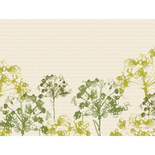 Paper placemats 30x40 cm in green by Duni GmbH: Beige background with green and yellow watercolor trees in the Green-Umbles style along the bottom edge, upper area remains mostly free - perfect for parties & events (250 pieces).