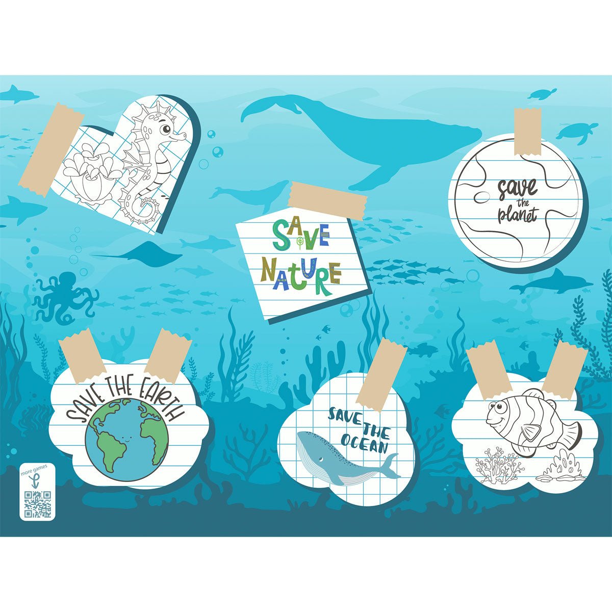 An underwater scene with whales, fish, and algae, along with environmental themes to color. Paper placemats 30x40 cm "Save the Ocean" by Duni GmbH (250 pack) support recycled material and eco-friendly disposable tableware.