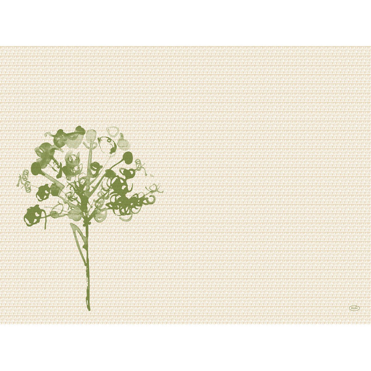 A minimalist green flower, inspired by the Bio-Dunicel sets 30x40 cm, green (100 pieces) by Duni GmbH, with abstract details on the left side of a beige, textured background and generous empty space on the right side.