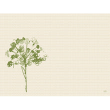 A minimalist green flower, inspired by the Bio-Dunicel sets 30x40 cm, green (100 pieces) by Duni GmbH, with abstract details on the left side of a beige, textured background and generous empty space on the right side.