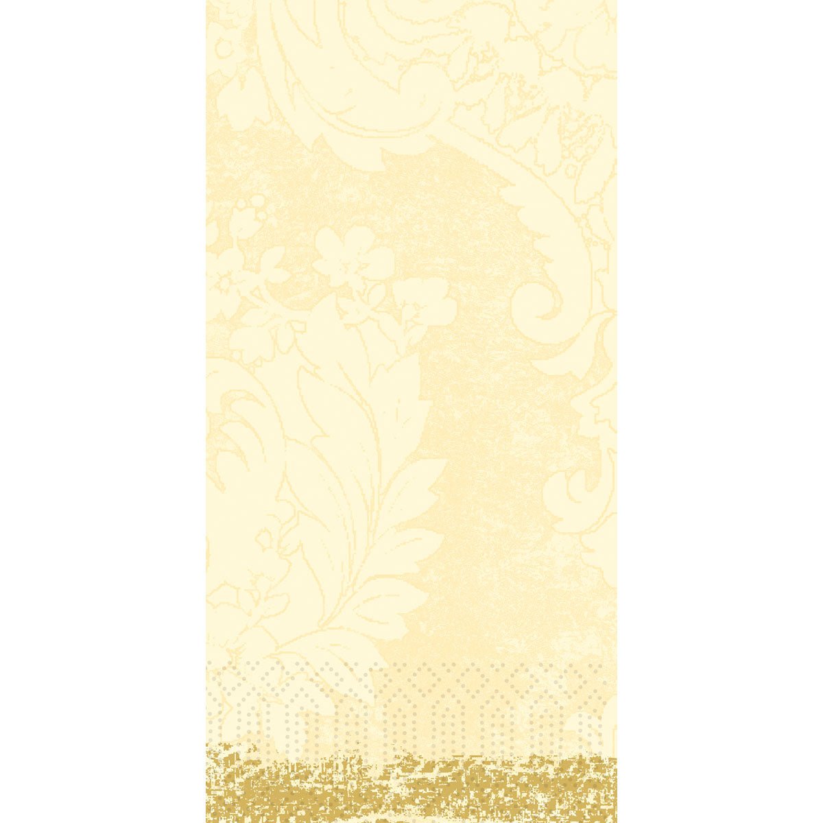 The Zellt.-Serv.40x40 3-ply 1/8 Royal cream paper napkins from Duni GmbH are characterized by a light yellow, floral damask pattern with golden details, large leaves and blossoms, and a textured, elegant surface. The package contains 250 napkins.