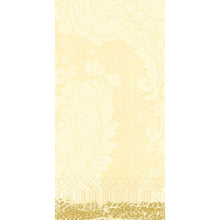 The Zellt.-Serv.40x40 3-ply 1/8 Royal cream paper napkins from Duni GmbH are characterized by a light yellow, floral damask pattern with golden details, large leaves and blossoms, and a textured, elegant surface. The package contains 250 napkins.