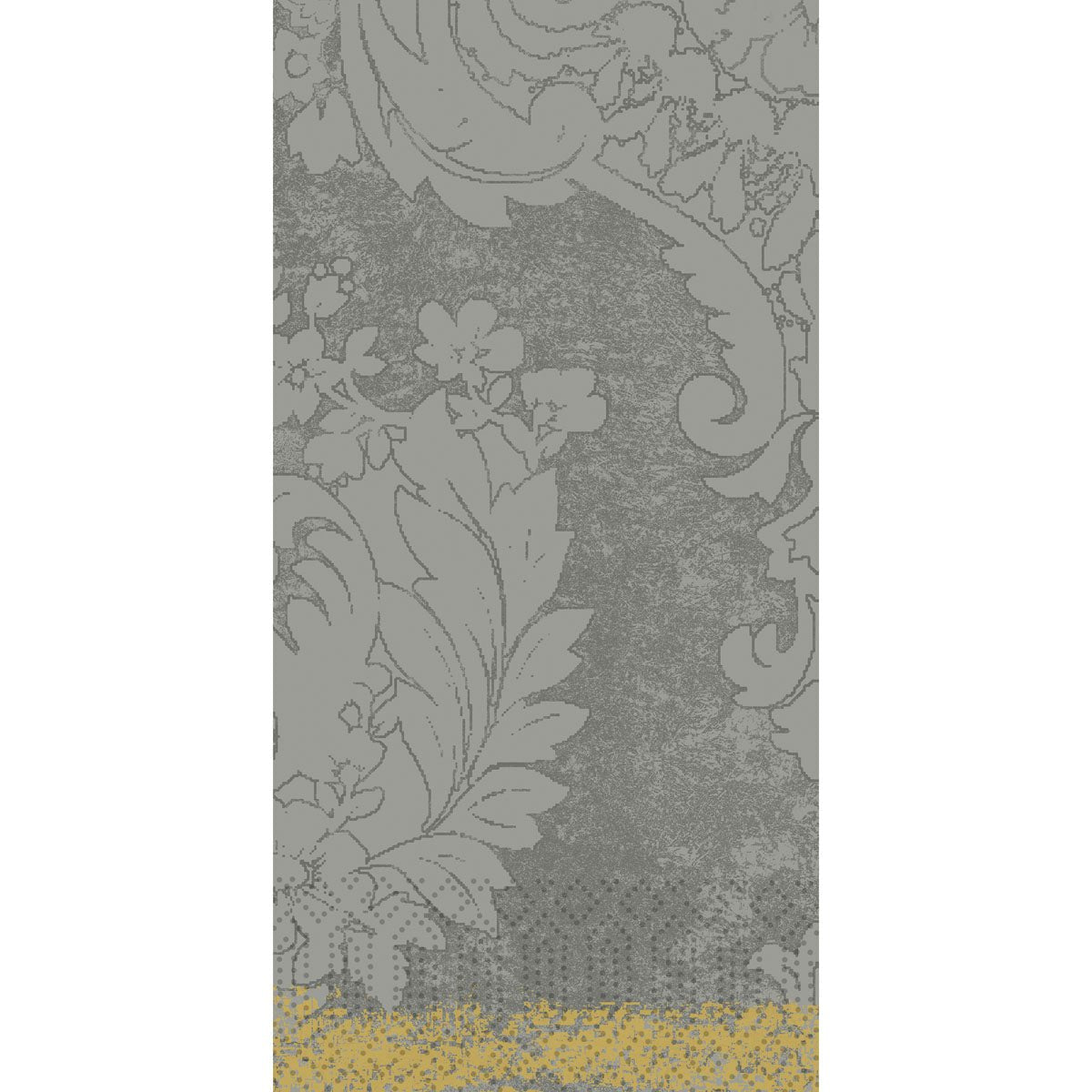 The Zellt.-Serv.40x40 3-ply 1/8 Royal gran.grey paper napkins (250 pack) from Duni GmbH are adorned with an artistic gray floral and leaf pattern and a yellow dotted border, adding elegance to any set table.