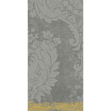 The Zellt.-Serv.40x40 3-ply 1/8 Royal gran.grey paper napkins (250 pack) from Duni GmbH are adorned with an artistic gray floral and leaf pattern and a yellow dotted border, adding elegance to any set table.