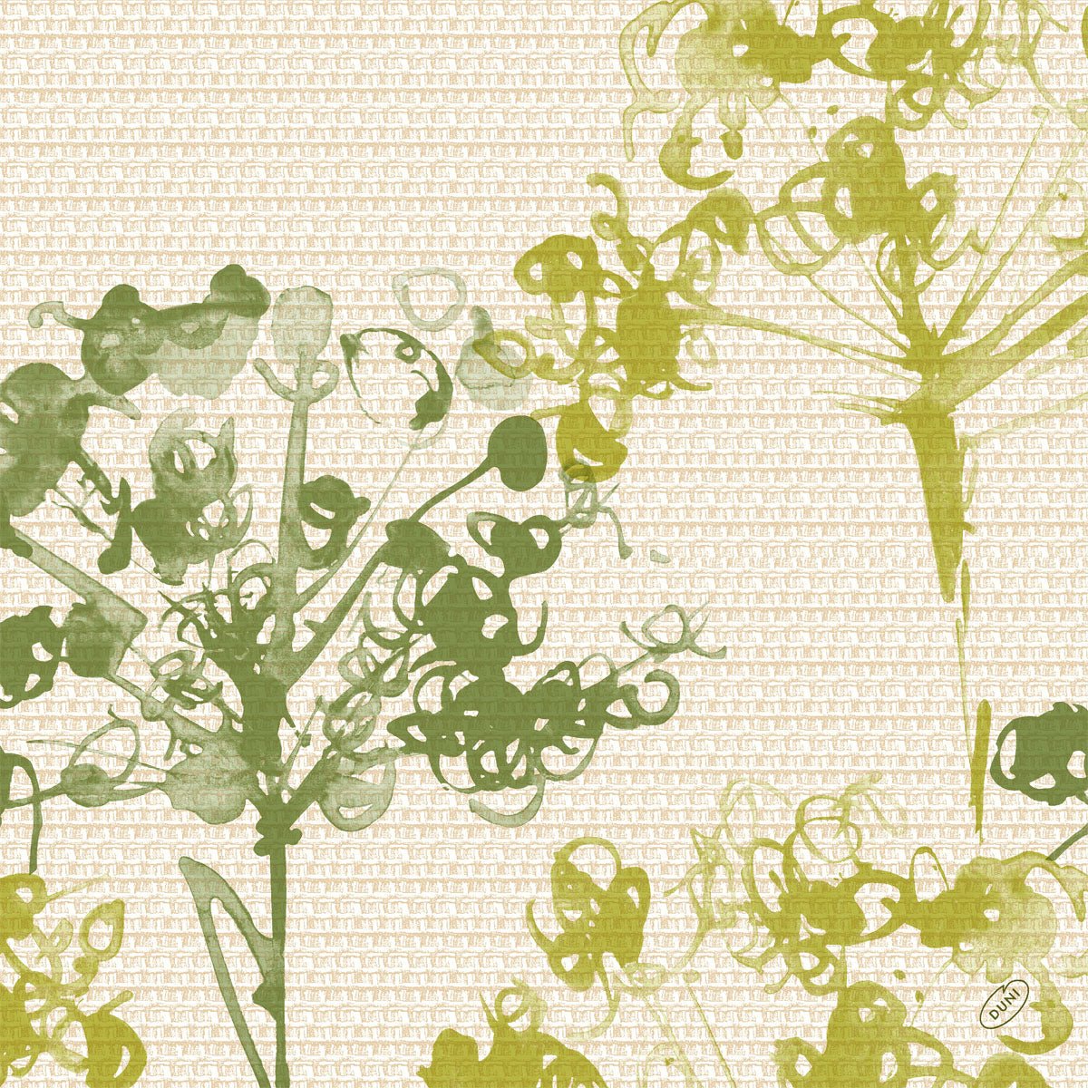 Green flower silhouettes adorn a light beige, textured background on the Bio-Dunisoft napkins 40x40 cm green by Duni GmbH - eco-friendly napkins made from 100% recycled paper. Package contains 60 napkins; small watermark bottom right.