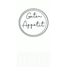 A black circular outline frames the handwritten "Guten Appetit" on white, below a subtle dot pattern - ideal for high-quality 33 cm 2-ply 1/8-fold napkins Appetit white by Duni GmbH (pack of 300 napkins).