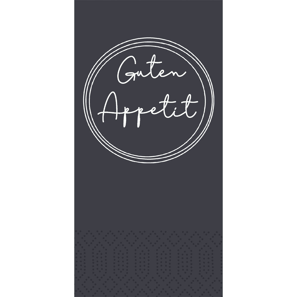 Dark gray, rectangular design with a circular double border and handwritten "Guten Appetit" in the middle, along with a subtle dot pattern - ideal for Duni GmbH Zellt.-Serv. 33 cm 2-ply 1/8-fold Appetit black napkins (Package: 300 napkins).