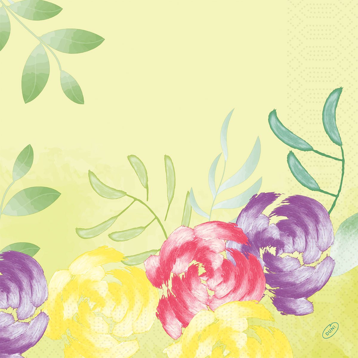 With a light yellow background with green leaves and three large yellow, pink, and purple blossoms, the "Napkins 40x40 cm 3-ply Soft Tropics" from Duni GmbH offer a tropical look. The package contains 250 high-quality napkins.