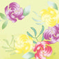 A digital illustration of four round pink, yellow, and red blossoms with green leaves on a light yellow background reflects the gentle elegance of the napkins 40x40 cm 4-ply Classic Soft Tropics paper napkins (pack of 50 pieces) from Duni GmbH.