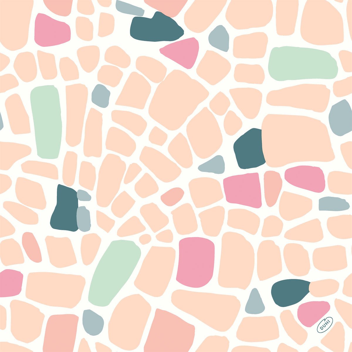 The napkins 40x40 4-ply Classic Ocean Pebbles from Duni GmbH feature an elegant mosaic of irregular shapes in pink, peach, mint green, and dark teal on white. The package contains 50 high-quality napkins.