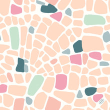 The napkins 40x40 4-ply Classic Ocean Pebbles from Duni GmbH feature an elegant mosaic of irregular shapes in pink, peach, mint green, and dark teal on white. The package contains 50 high-quality napkins.