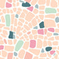 The napkins 40x40 4-ply Classic Ocean Pebbles from Duni GmbH feature an elegant mosaic of irregular shapes in pink, peach, mint green, and dark teal on white. The package contains 50 high-quality napkins.