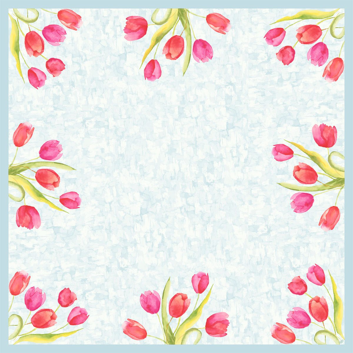 Watercolored pink and red tulips with green leaves adorn the corners of this 84x84 cm Dunicel tablecloth by Duni GmbH. The center is plain, ideal for versatile use. The package contains 20 pieces with painted tulip motifs.