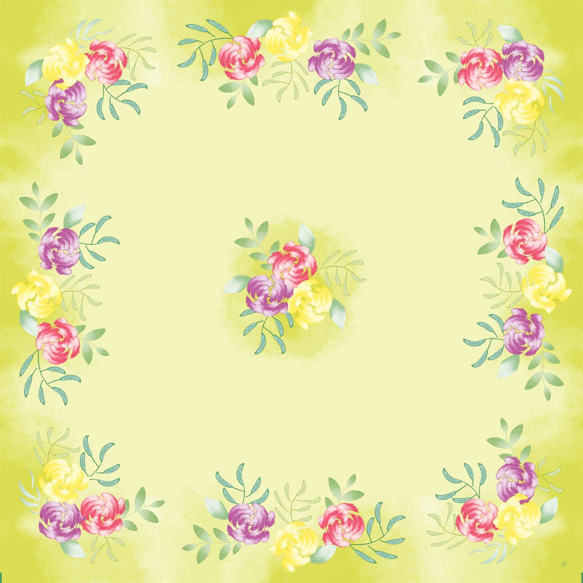 A square 84x84 cm frame from Duni GmbH with a pale yellow-green background, pink, purple, and yellow flowers in watercolor style, as well as green leaves in the corners and in the middle. Empty center. Ideal for Dunisilk MD 84x84cm Soft Tropics 20P. | Pack (20 pieces).
