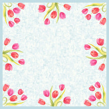 The Dunicel tablecloth 84x84cm - Painted Tulips tablecloth by Duni GmbH features pink and red tulip watercolors with green leaves in all four corners on a light blue, textured background with an empty center.