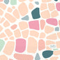 Abstract pattern of irregular pink, peach, green, and gray shapes on white; "DUNI" appears in an oval at the bottom right. Ideal as a high-quality napkin for special occasions. Product: Napkin, 24x24 3-ply 1/4 by Duni GmbH.