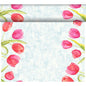 A watercolor-like border with pink and red tulips, green leaves, and a textured blue background frames an open center - perfect for showcasing your Duni GmbH DC-Tete a Tete 0.4x24m.