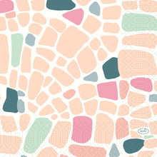 Abstract illustration of irregular pastel-colored shapes - peach, pink, green, teal - with mosaic arrangement and light dot patterns, inspired by the Serv.33x33 3-ply 1/4 Ocean Pebbles Decorative Paper Napkins (50 pieces) by Duni GmbH, size 33x33 cm.