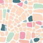 Abstract illustration of irregular pastel-colored shapes - peach, pink, green, teal - with mosaic arrangement and light dot patterns, inspired by the Serv.33x33 3-ply 1/4 Ocean Pebbles Decorative Paper Napkins (50 pieces) by Duni GmbH, size 33x33 cm.