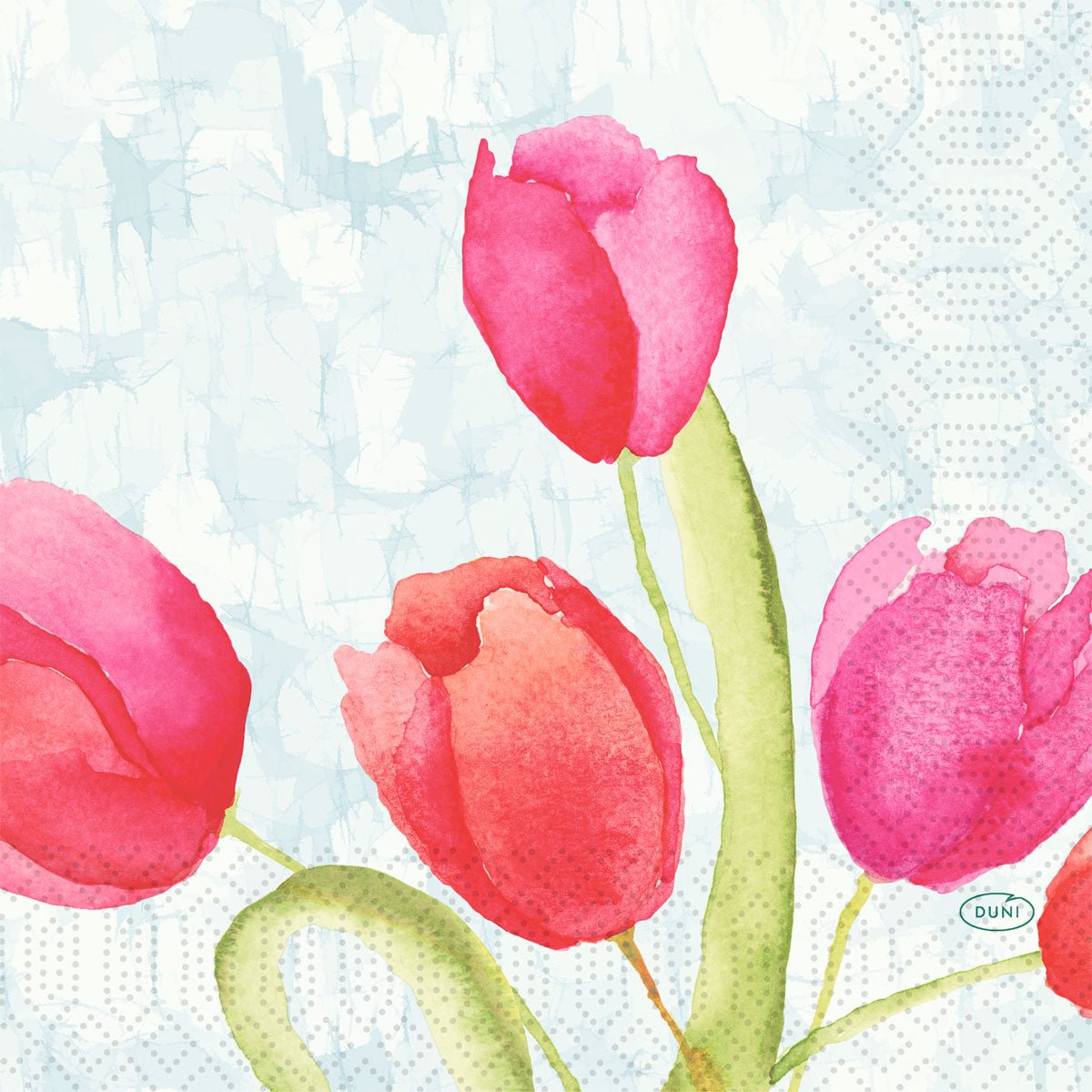 Watercolor illustration of pink and red tulips with green stems on a light blue, dotted background - ideal for napkins 33 cm 3-ply 1/4-fold Painted Tulips paper napkins by Duni GmbH (pack, 250 pieces).