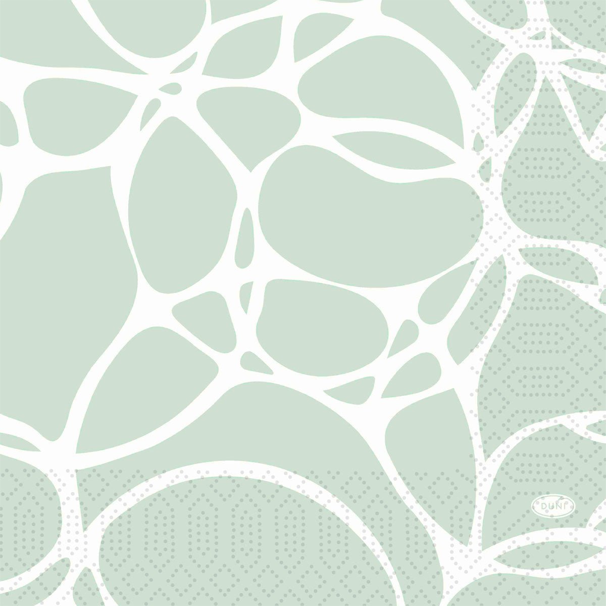 Abstract design with large, irregular white shapes on a light green background and dotted patterns. "Duni" is at the bottom right - ideal for Duni GmbH napkins 33 cm 3-ply 1/4-fold Ocean Mint paper napkins, pack (250 pieces).