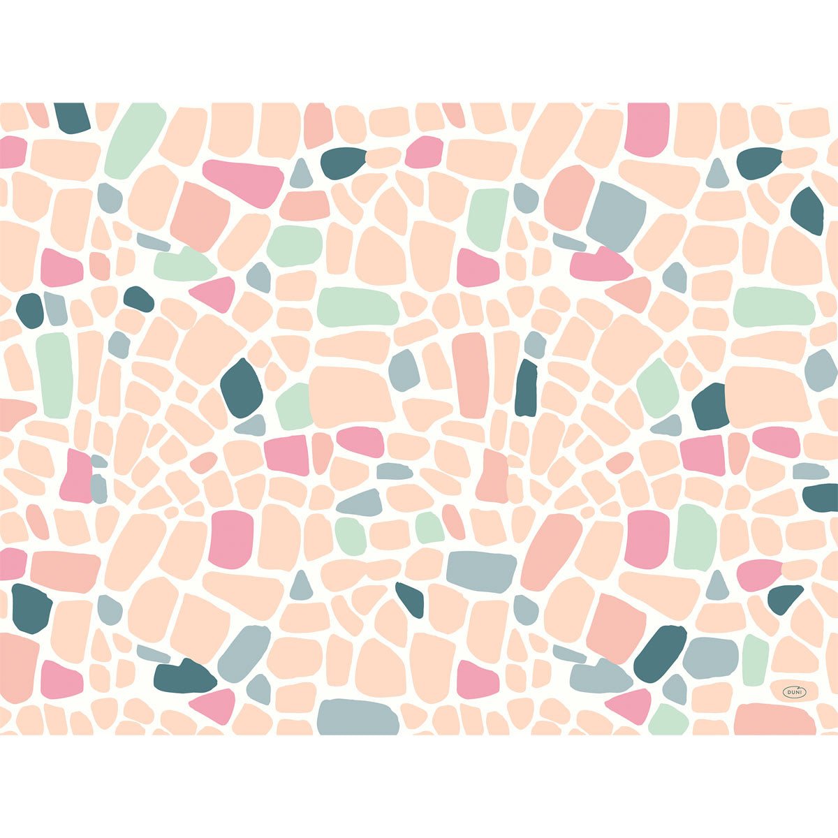 The Duni GmbH paper placemats 30x40cm Ocean Pebbles pack (250 pieces) feature an abstract pastel-colored pebble design in pink, peach, mint green, blue, and teal on white.