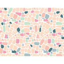 The Duni GmbH paper placemats 30x40cm Ocean Pebbles pack (250 pieces) feature an abstract pastel-colored pebble design in pink, peach, mint green, blue, and teal on white.