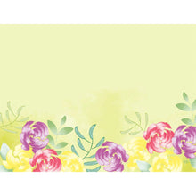 The Duni GmbH paper placemats 30x40cm Soft Tropics feature a light yellow background with watercolor flowers in yellow, pink, and purple, as well as green leaves at the bottom edge; the top edge and the middle remain largely empty. The package contains 250 pieces.