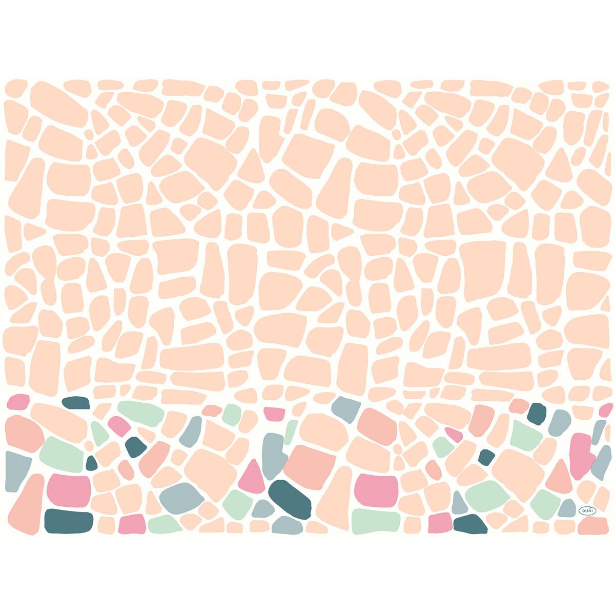 The Bio-Dunicel sets 30x40 Ocean Pebbles by Duni GmbH feature an abstract design with rounded peach shapes and bright pink, green, blue, and gray accents on white. Perfect as decorative placemats. Pack of 100 pieces.