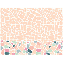 The Bio-Dunicel sets 30x40 Ocean Pebbles by Duni GmbH feature an abstract design with rounded peach shapes and bright pink, green, blue, and gray accents on white. Perfect as decorative placemats. Pack of 100 pieces.