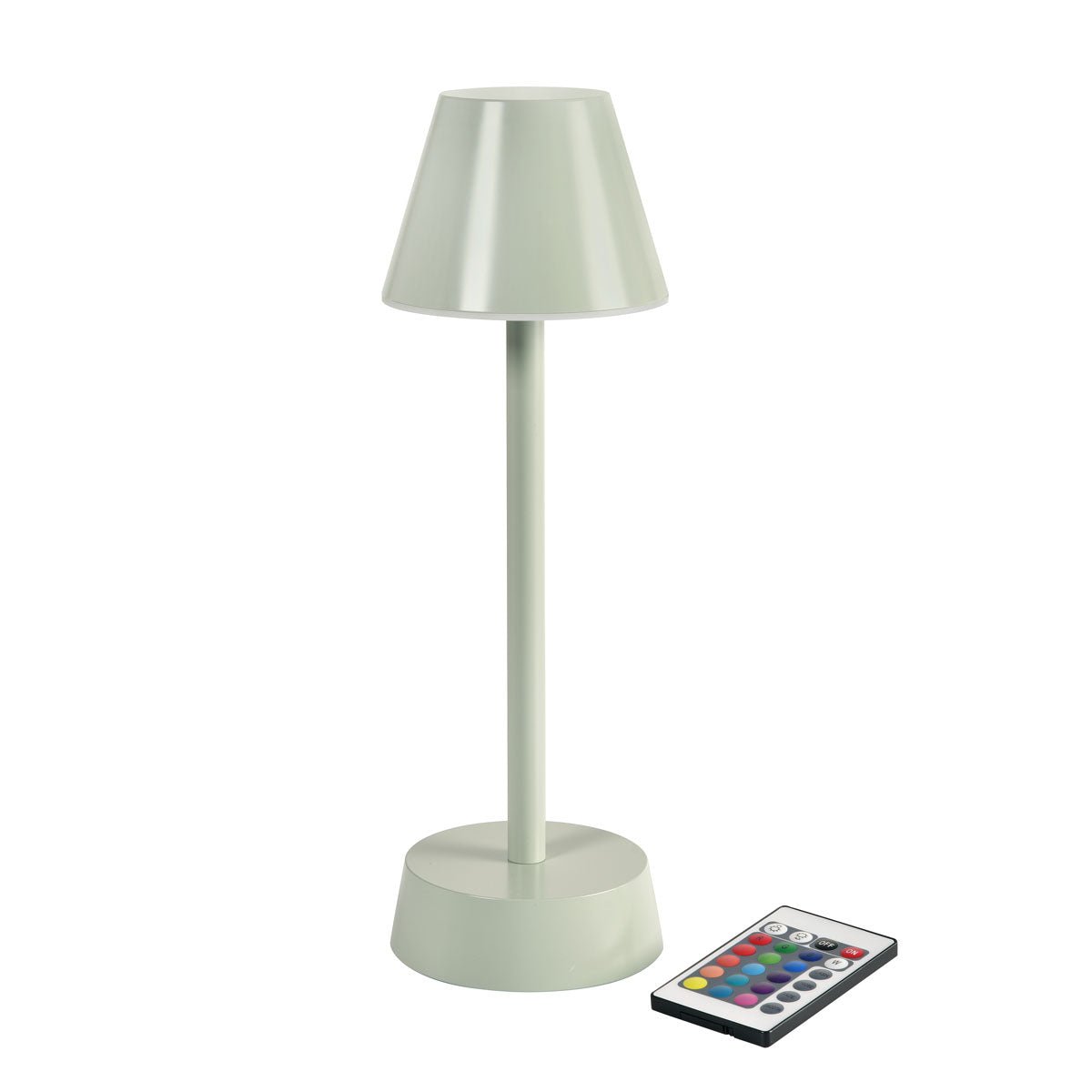 The wireless LED lamp ZELDA in pistachio color (33 cm x 10 cm) by Duni GmbH has a modern conical shade and a cylindrical base; next to it is a rectangular remote control with colorful buttons.