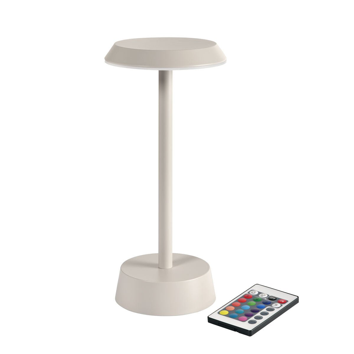 The NOUR LED Wireless Lamp in Taupe by Duni GmbH is a modern table lamp with a flat shade and round base that is controlled by a multifunction remote control—perfect for stylish table lighting.