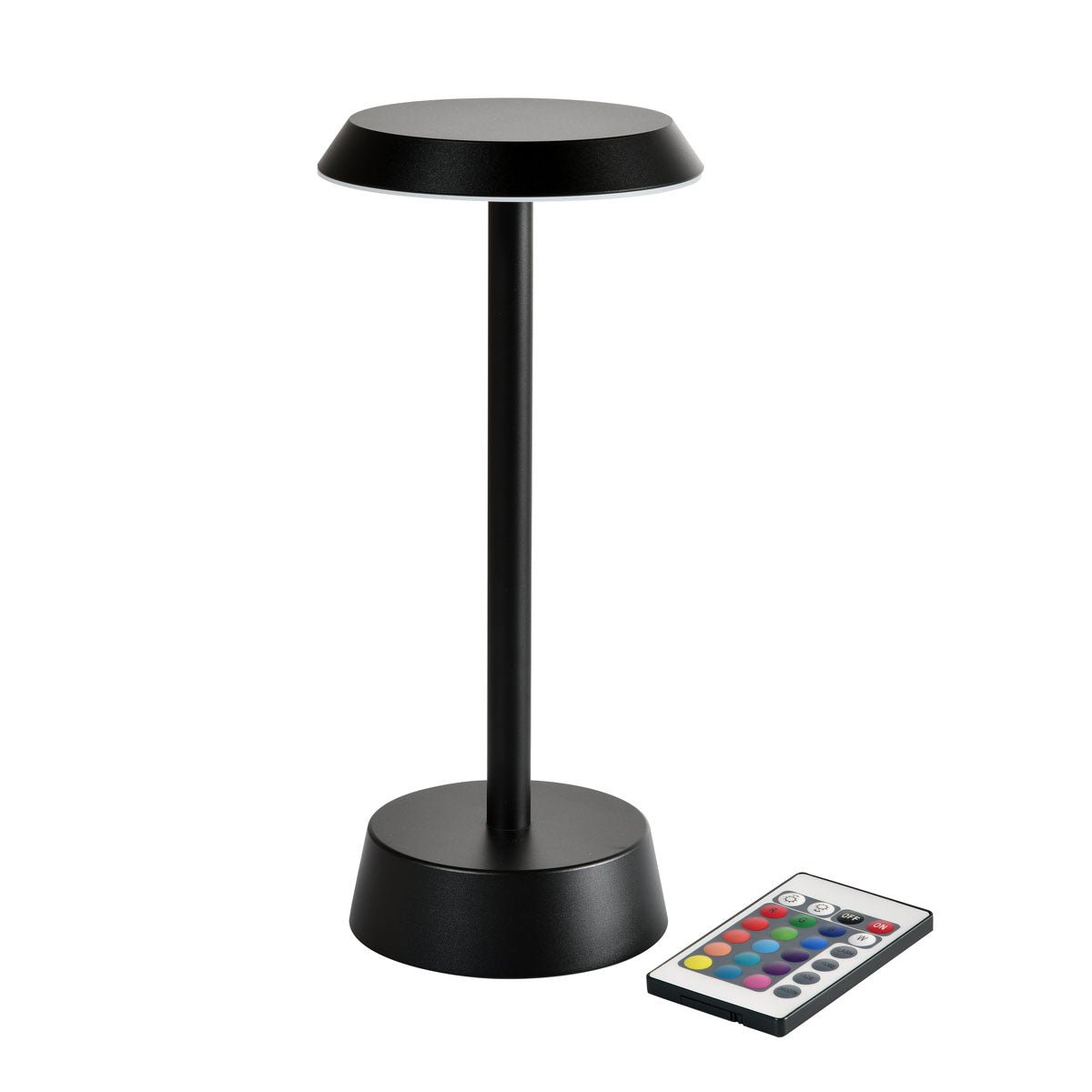The NOUR Wireless LED Lamp in Graphite by Duni GmbH, with a modern design and round base, is shown alongside a remote control with colorful buttons - perfect for your living room decor.