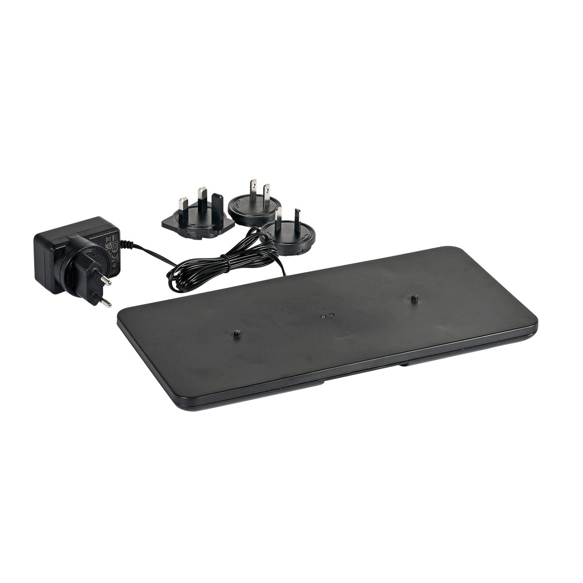 The Duni GmbH LED charging station, dual for two lamps, is a black rectangular device with a power cable, adapter, and 3 plug attachments - ideal for efficiently charging two LED lamps. Pictured on a white background. Packaging (1 piece).