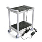 A white, two-story LED charging station trolley for lamps by Duni GmbH with black mats, four wheels, and two black power supplies is placed on the floor - a practical storage solution for 24 lamps (carton, 1 piece).