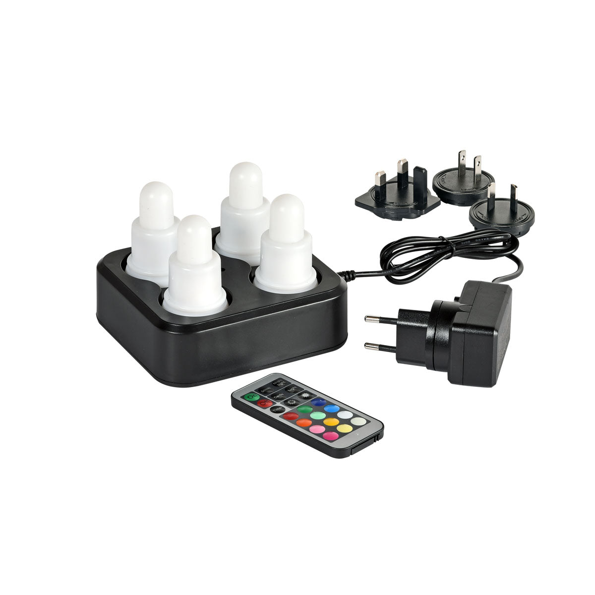 The Duni GmbH LED Set, Warm White & Multicolour - Color Changing Lights (1 piece) includes four multicolored LED lamps on a black charging station, a color button remote control, a power adapter, and three interchangeable plugs.