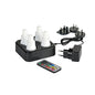 The Duni GmbH LED Set, Warm White & Multicolour - Color Changing Lights (1 piece) includes four multicolored LED lamps on a black charging station, a color button remote control, a power adapter, and three interchangeable plugs.