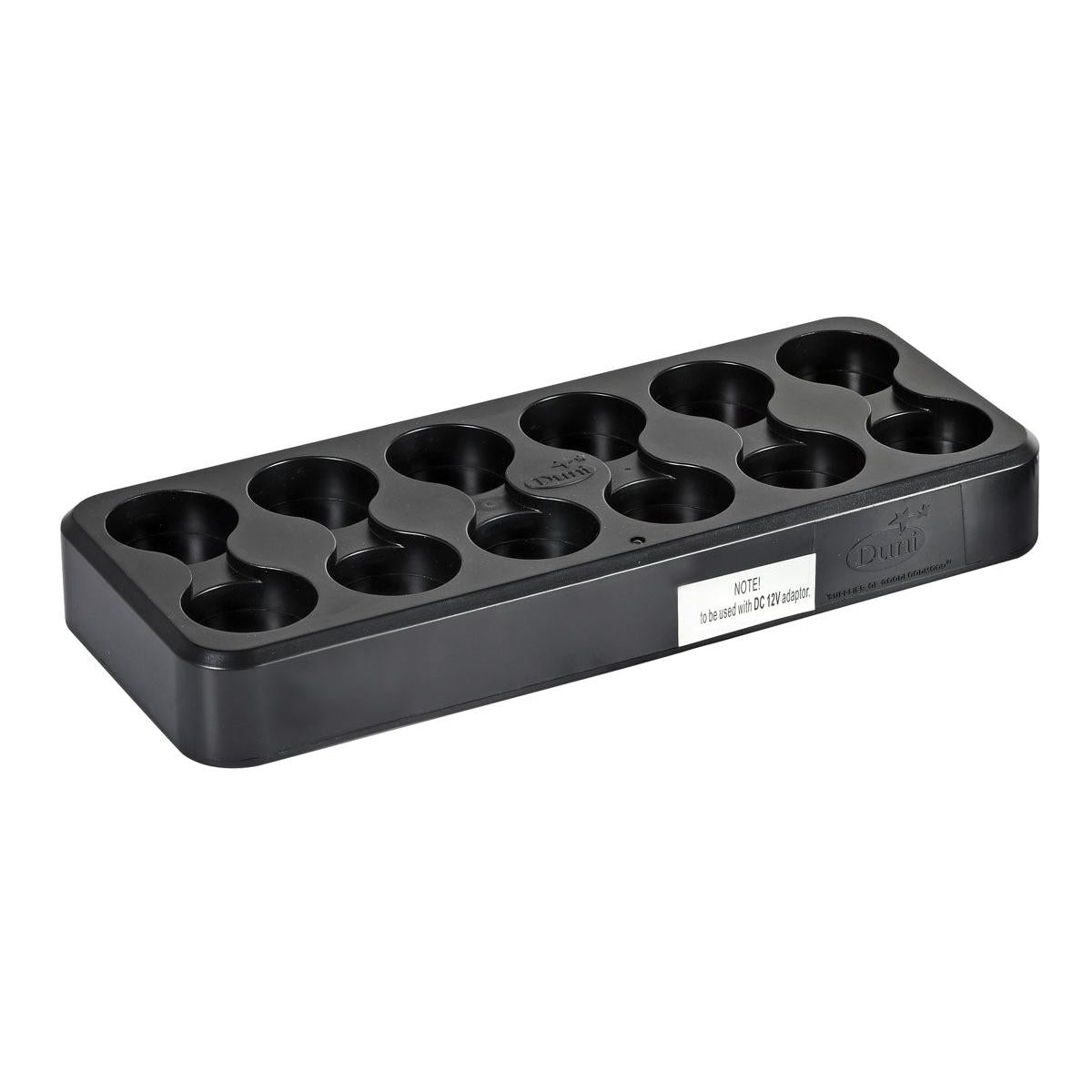 The Duni GmbH LED charging station, spare part for various models | Carton (1 piece), is a black plastic charging station with ten round slots and a white label on the front right side, depicted on a simple white background.